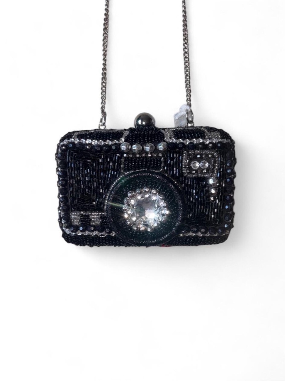 Black Beaded Camera-Shaped Crossbody Bag